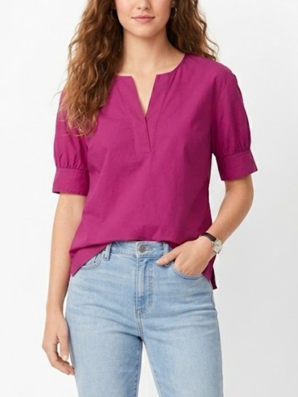 Talbots 100% Cotton Magenta Puff Sleeve Popover Blouse Size M